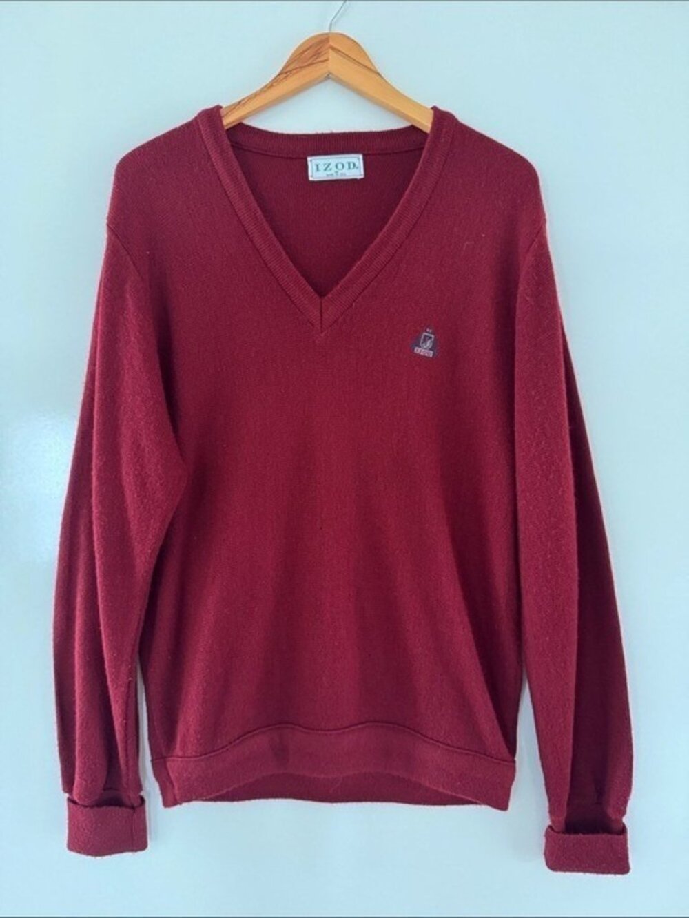 Vintage Izod Lacoste V‑Neck Sweater Red Acrylic Men’s Medium Made In USA 90s